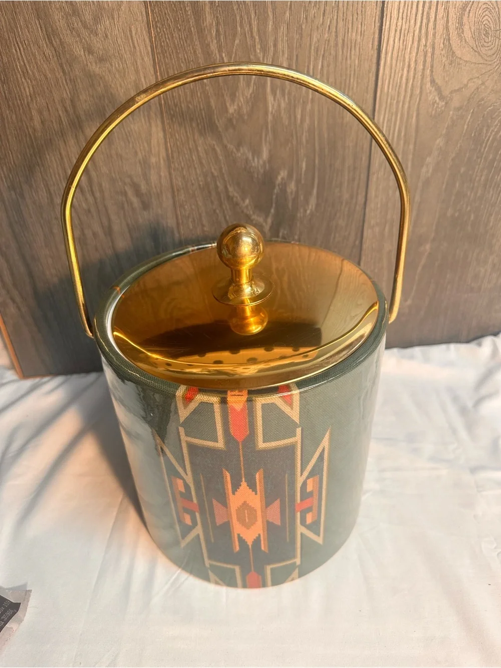 Gold-Top Patterned Ice Bucket with Handle - Green and Gold